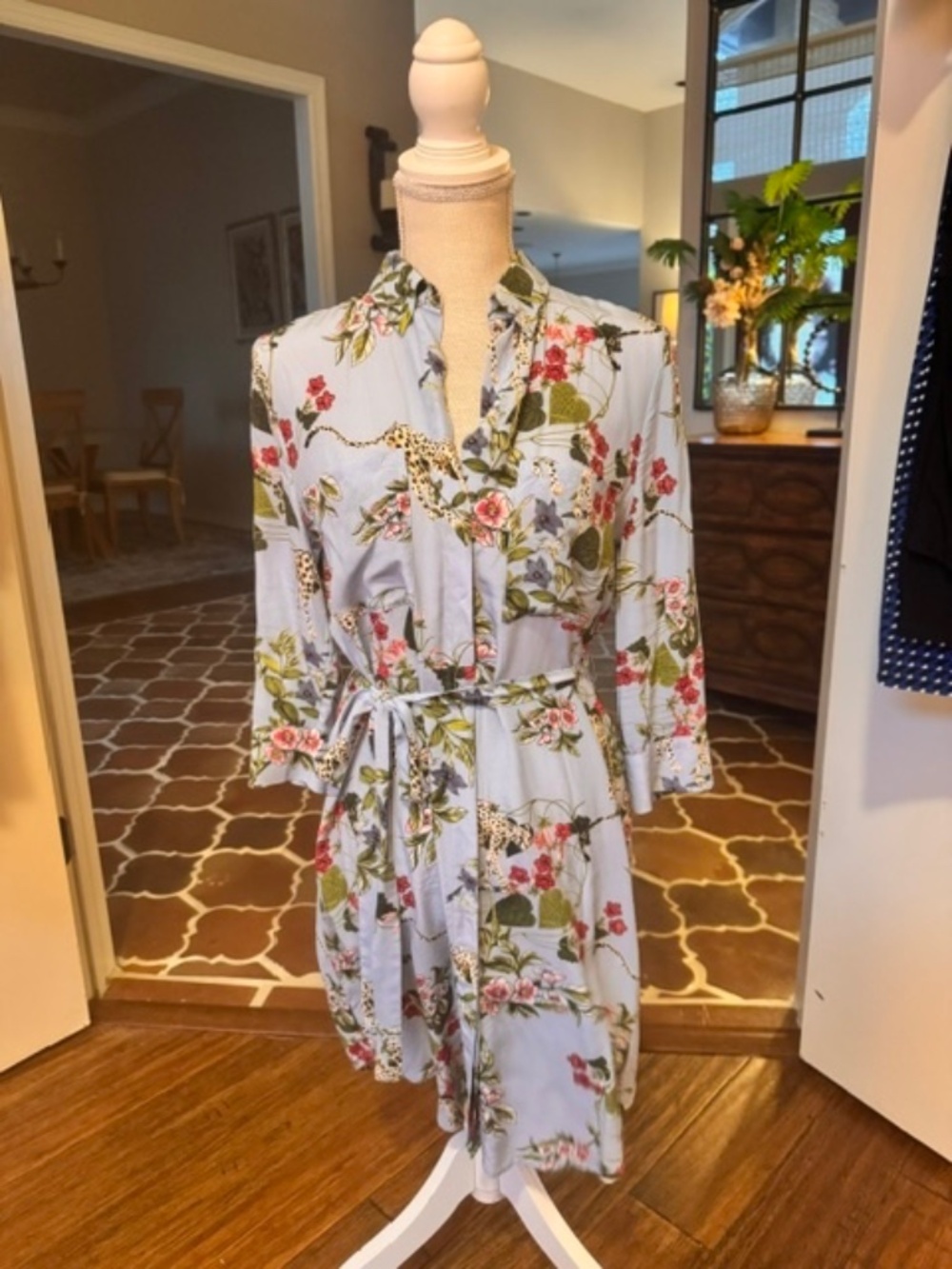 L'Agence Light Blue Floral Leopard Cheetah Print Belted Shirt Dress Size - XS